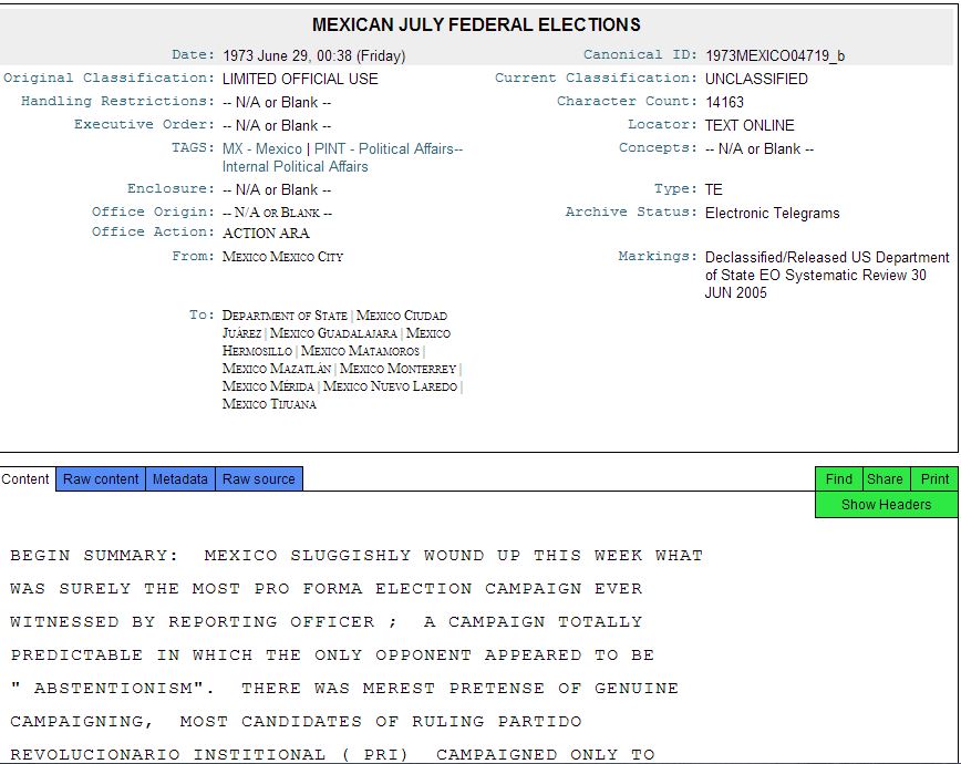 Cable en donde la embajada norteamericana analiza las elecciones de 1973
